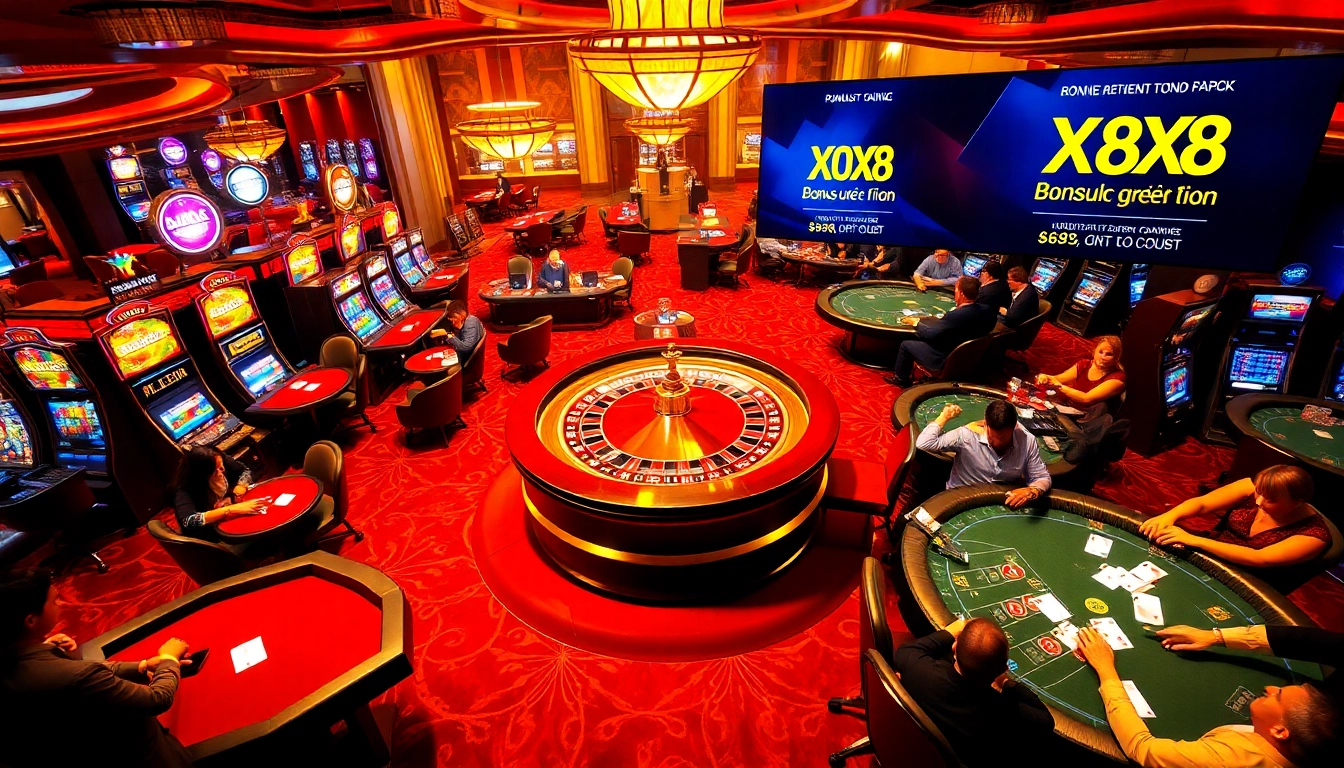 Xx88 nạp tiền and casino players enjoying an exciting gaming experience at tables and slot machines.