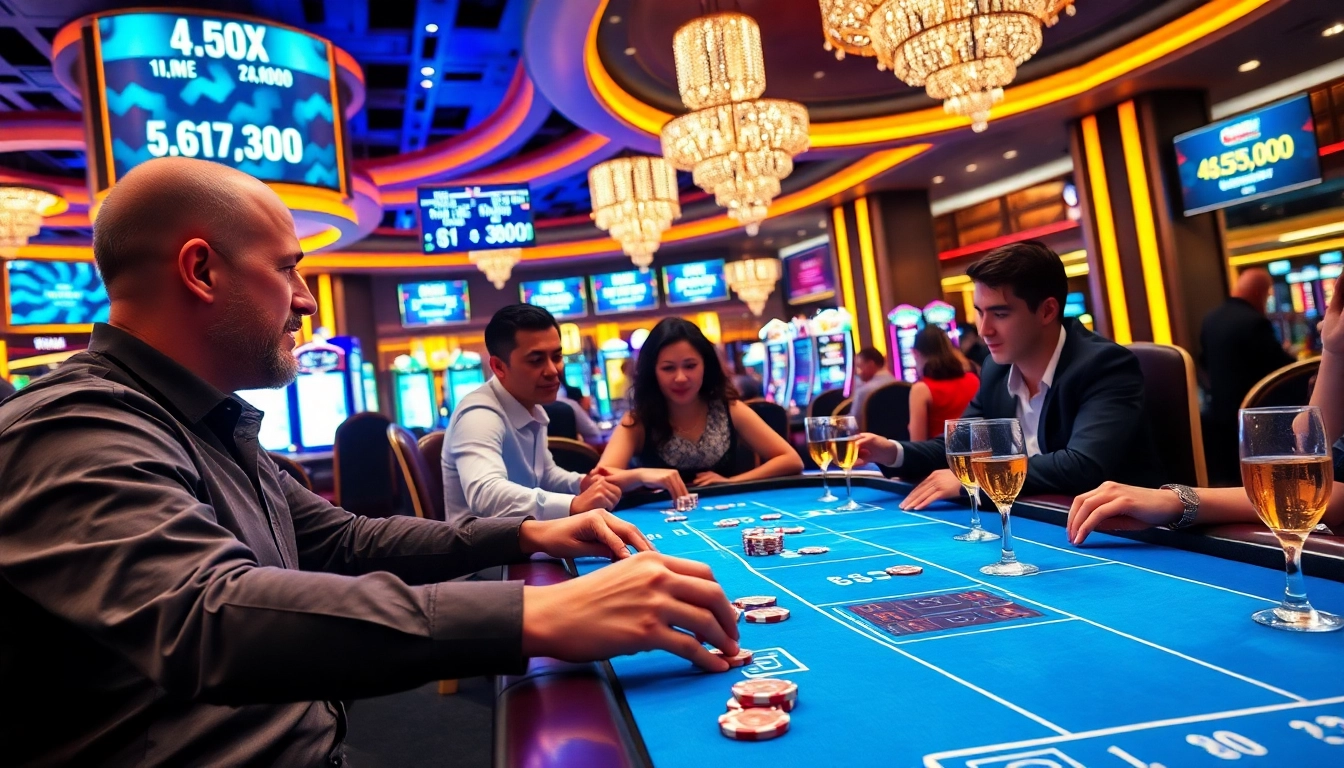 Les joueurs profitent d'une expérience de crypto casinos dans un environnement brodé de lumière et de luxe.