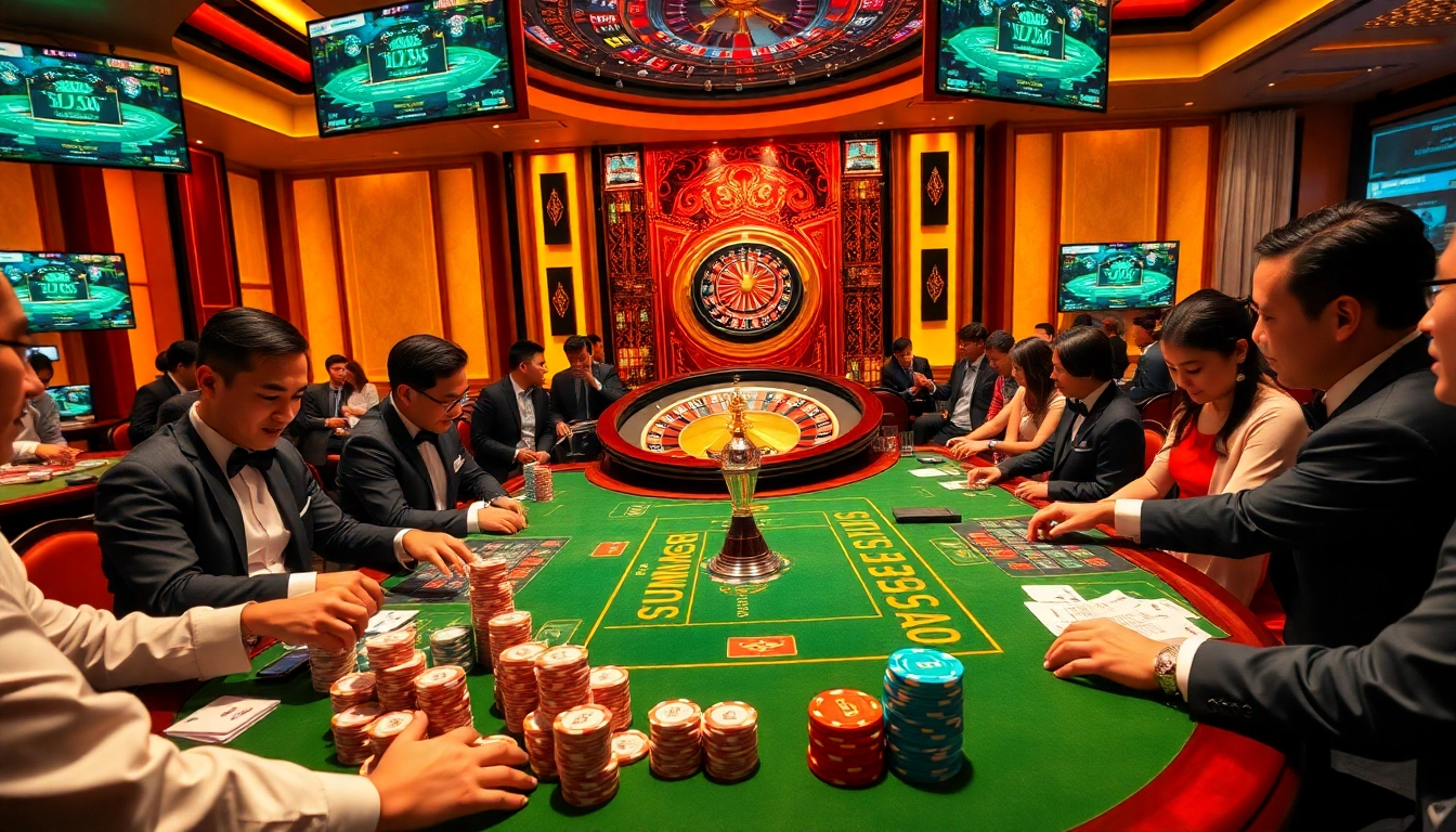 Exciting gaming action at nhà cái VUA88's luxury casino table featuring poker chips and a roulette wheel.