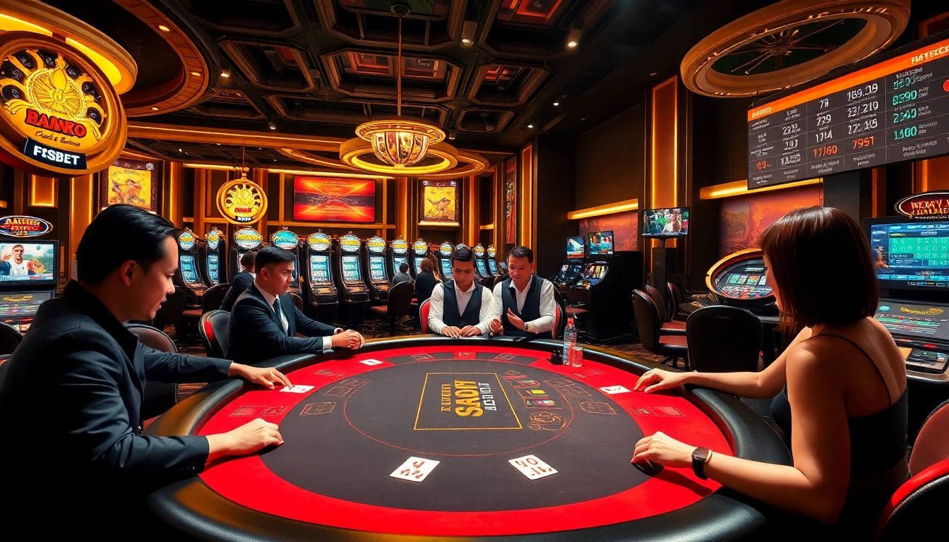 Players strategizing at a luxurious poker table in a vibrant casino showcasing Fsbet uy tín's exciting gambling atmosphere.