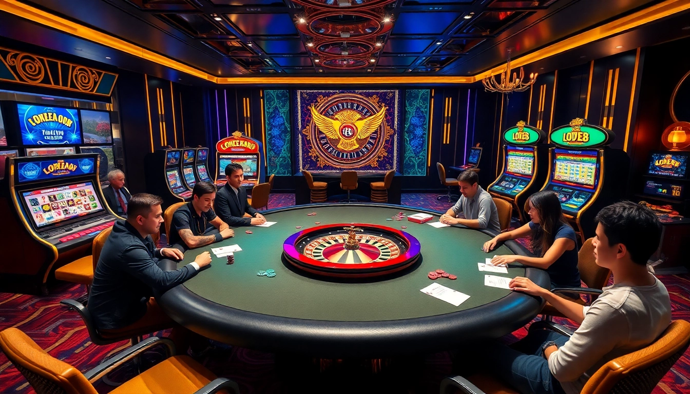 Exciting scene of players enjoying Lode88 poker and slot machines in a luxurious casino setting.