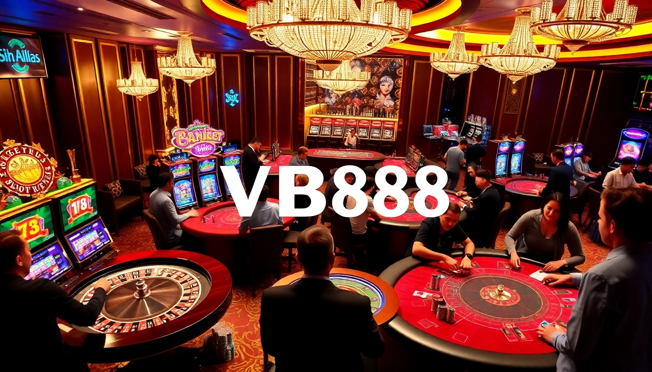 Players enjoying games at the VB88 casino, surrounded by vibrant slot machines and elegant roulette tables.