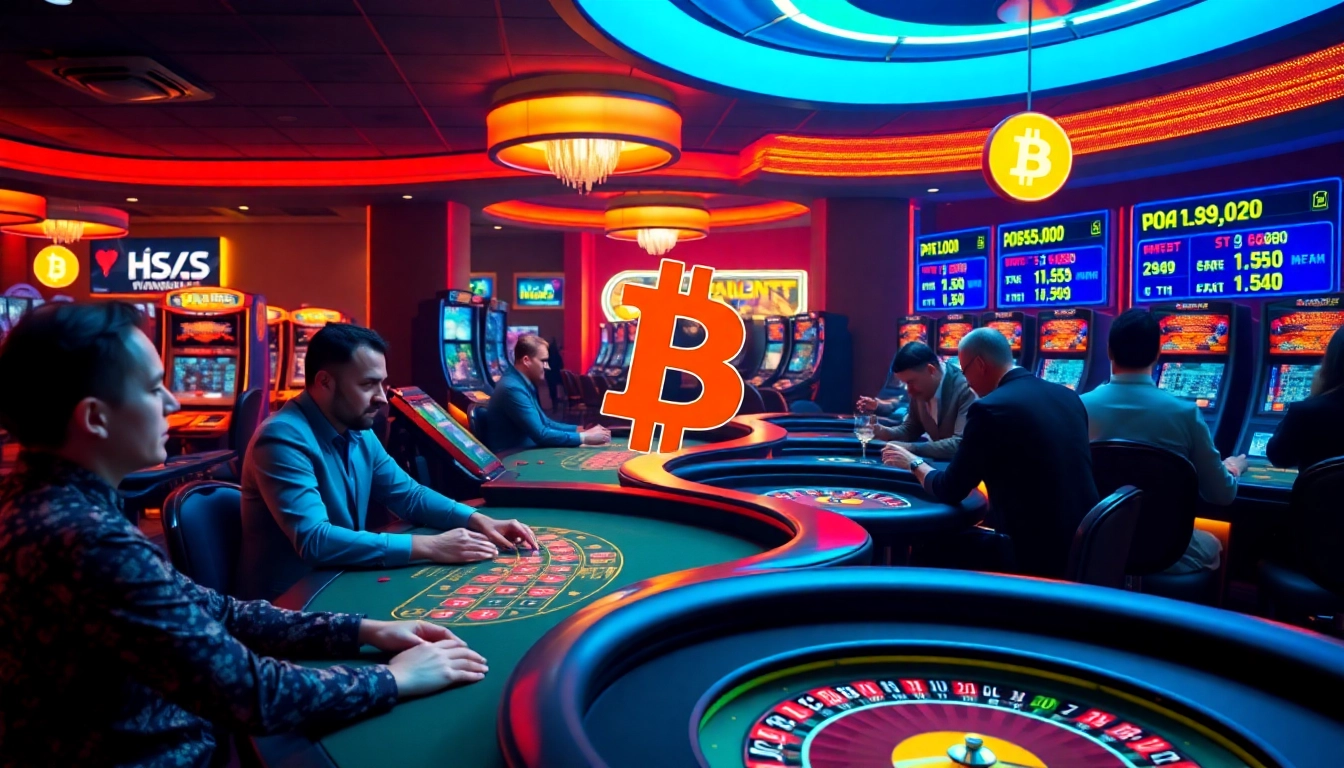 Joueurs profitant de l'expérience du casino Bitcoin dans une ambiance énergique.