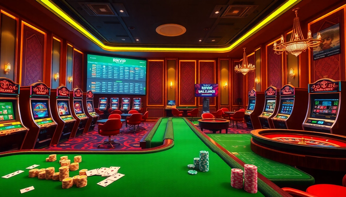 Rich casino scene featuring Rikvip online gambling action with vibrant tables and lively ambiance.