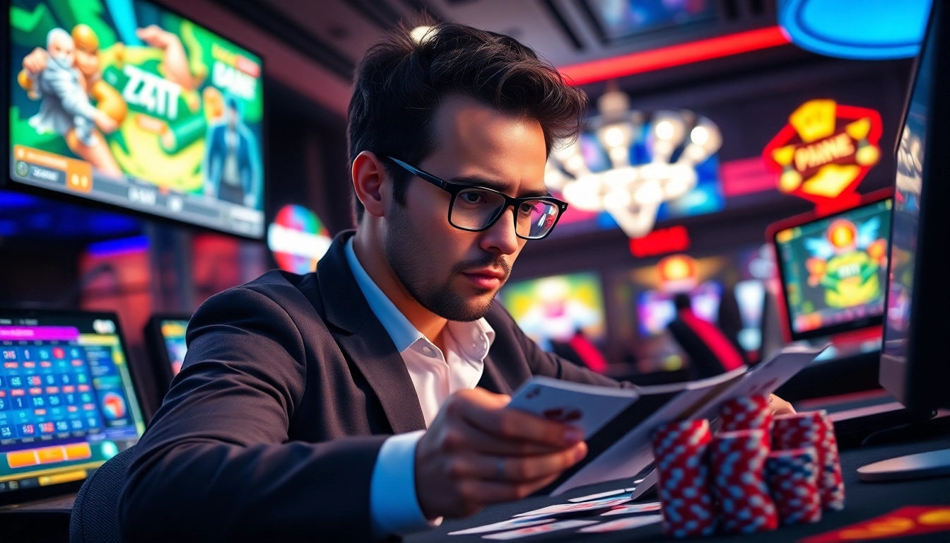 Jouer aux jeux de casino en ligne dans une ambiance intense et lumineuse.