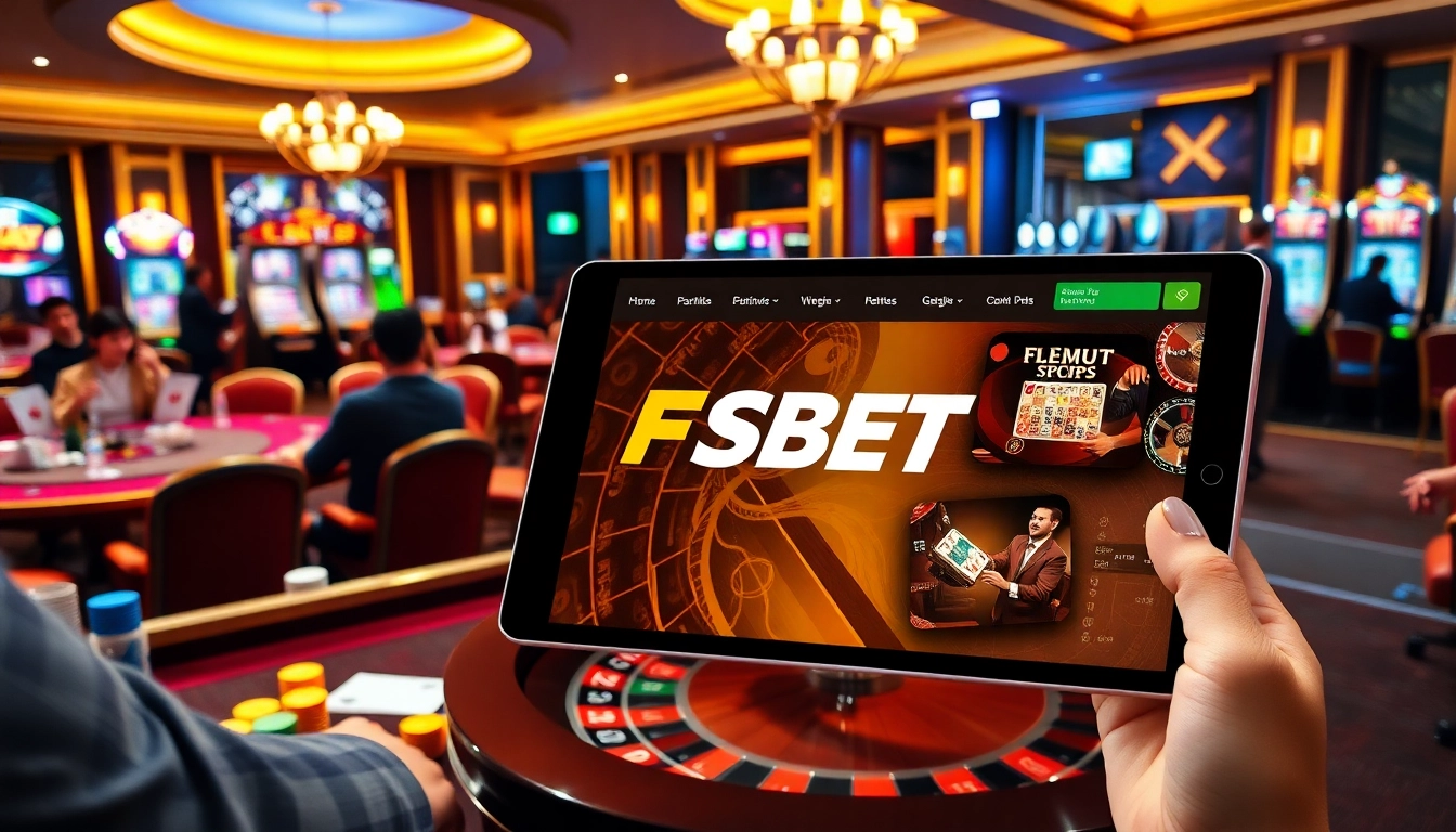 Exciting gambling at Nhà cái fsbet with vibrant tables, chips, and roulette wheels.