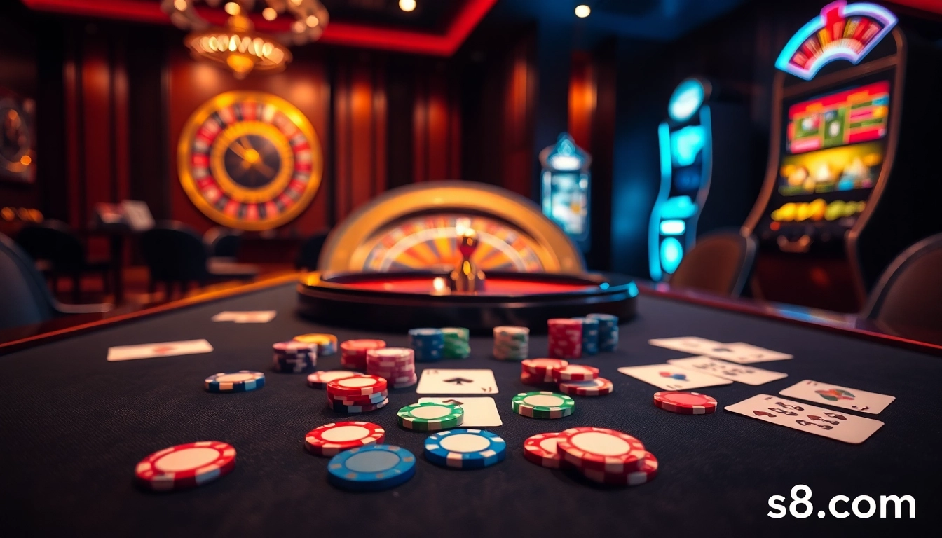 Engage in thrilling gameplay at s8.com with vibrant casino tables and exciting poker chips.