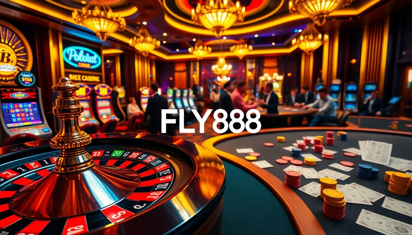 Experience FLY88 excitement in a luxurious casino setting with roulette, poker, and vibrant slot machines.