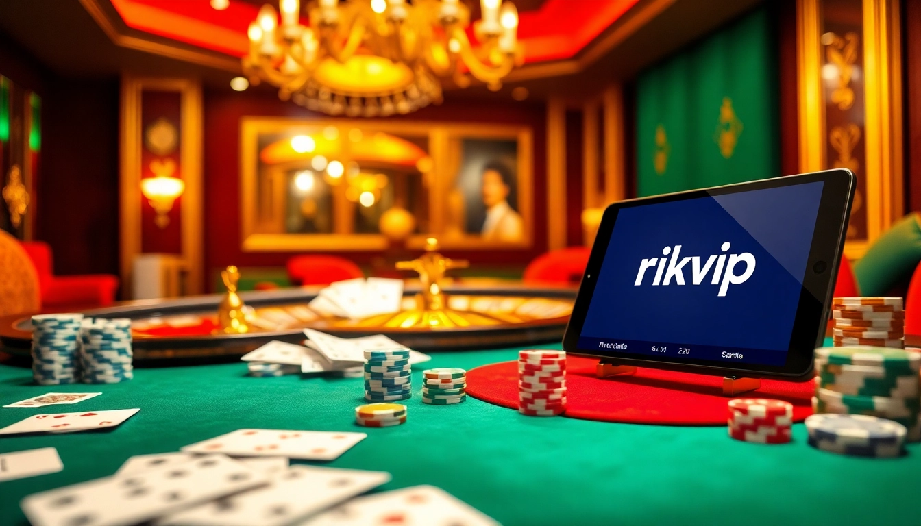 Experience vibrant gameplay at rikvip's luxurious casino table with cards and chips.