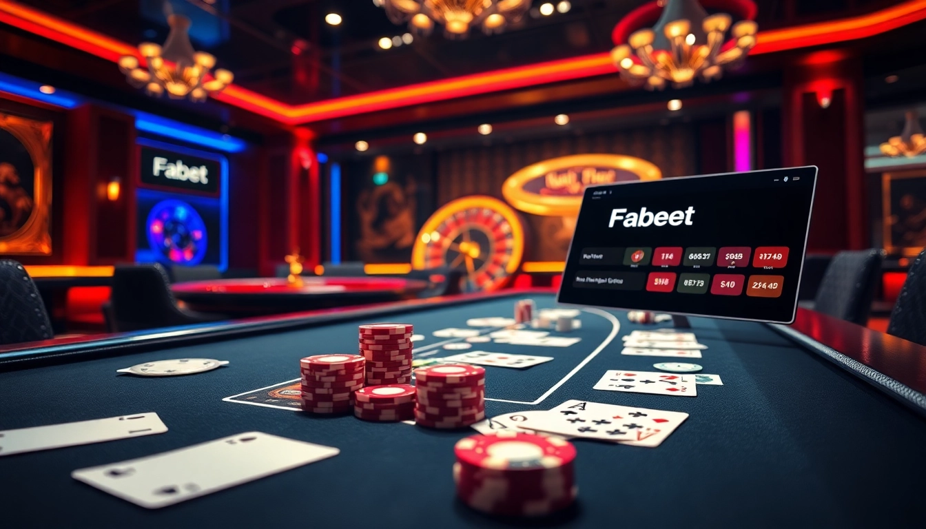 Experience high-stakes poker at nhà cái Fabet's luxurious casino, featuring vibrant chips and cards.