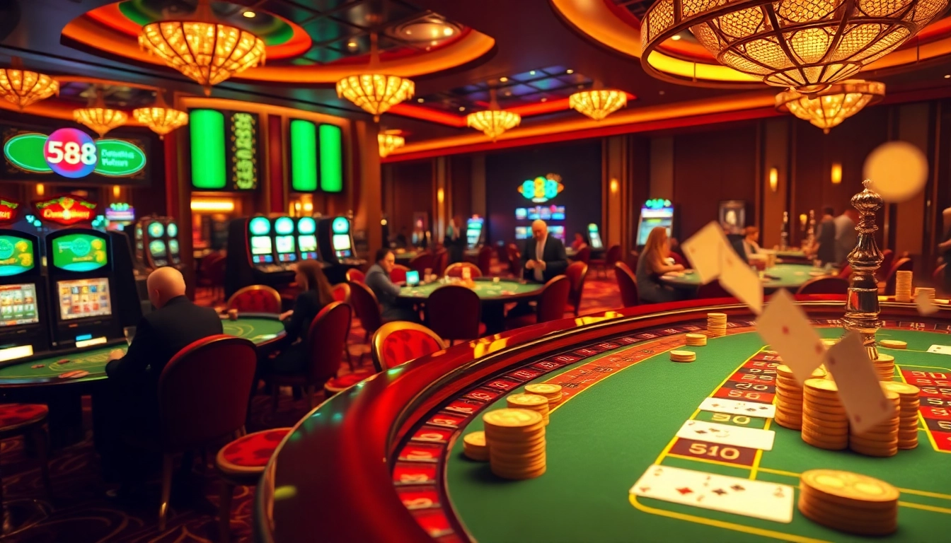 Experience the thrill of u 888 with players engaging at casino tables, showcasing excitement and luxury.