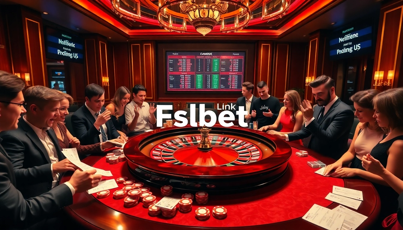 Excited players engaging at a roulette table with the Link Fsbet gaming interface in the background.