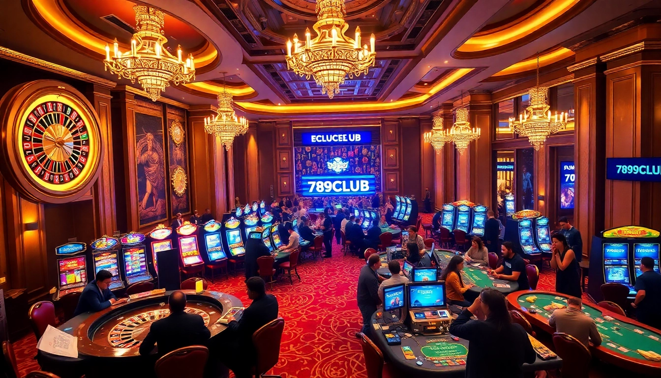Exciting gaming scene at 789CLUB casino displaying roulette, slot machines, and players.