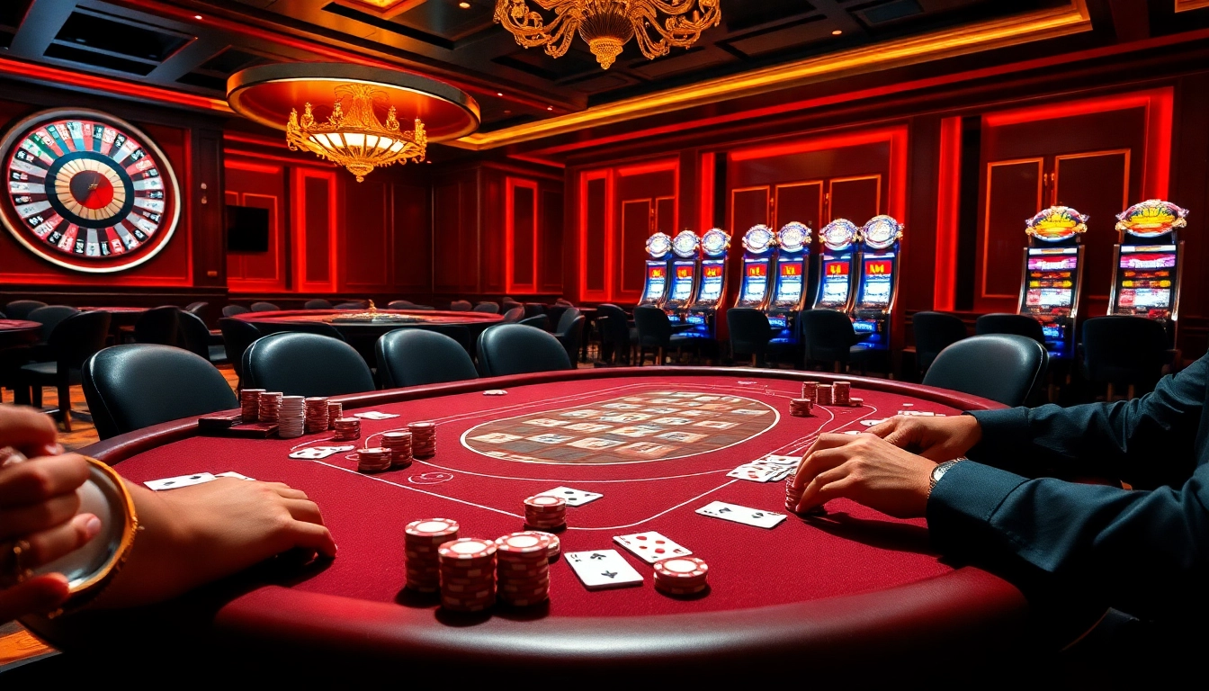 Players at a poker table enjoying the thrill of 22jl with vibrant casino atmosphere and luxurious decor.