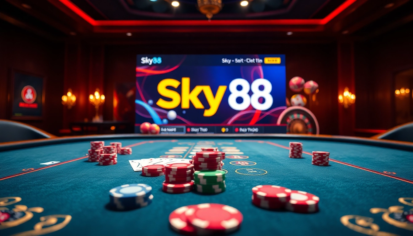 Experience Sky88 rút tiền with vibrant casino elements, showcasing poker chips and an online interface.