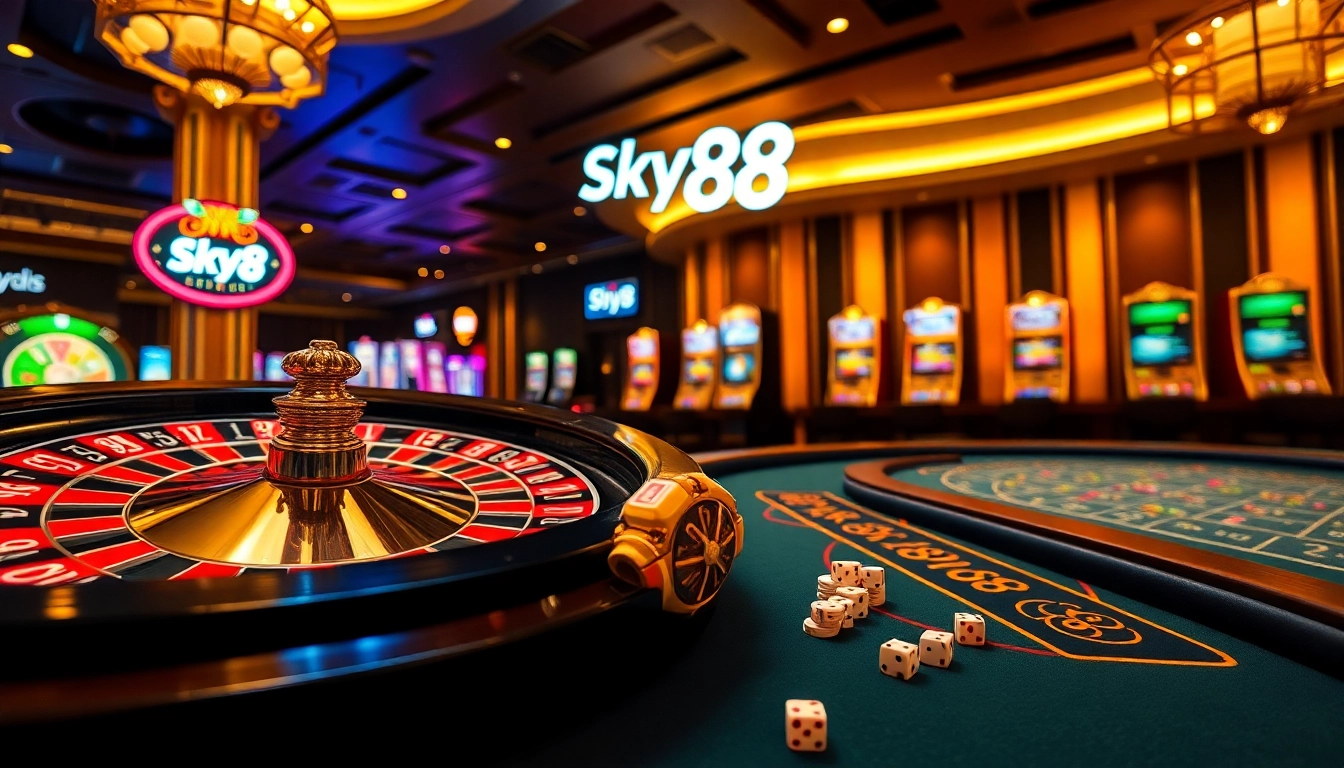 Experience the excitement of Sky88 rút tiền at a vibrant casino filled with roulette tables and poker chips.