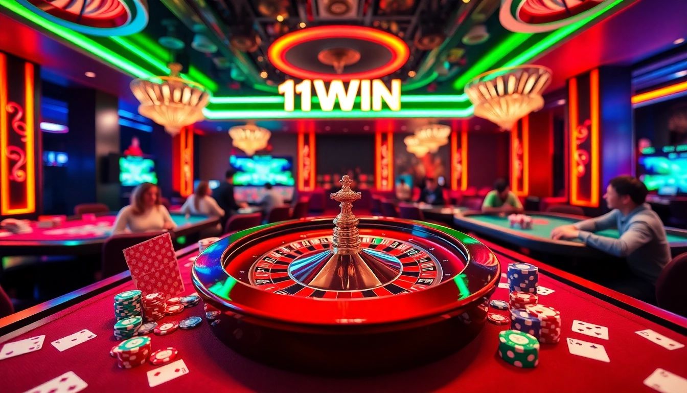 Experience the thrill of 11WIN's vibrant casino environment with roulette, cards, and chips.